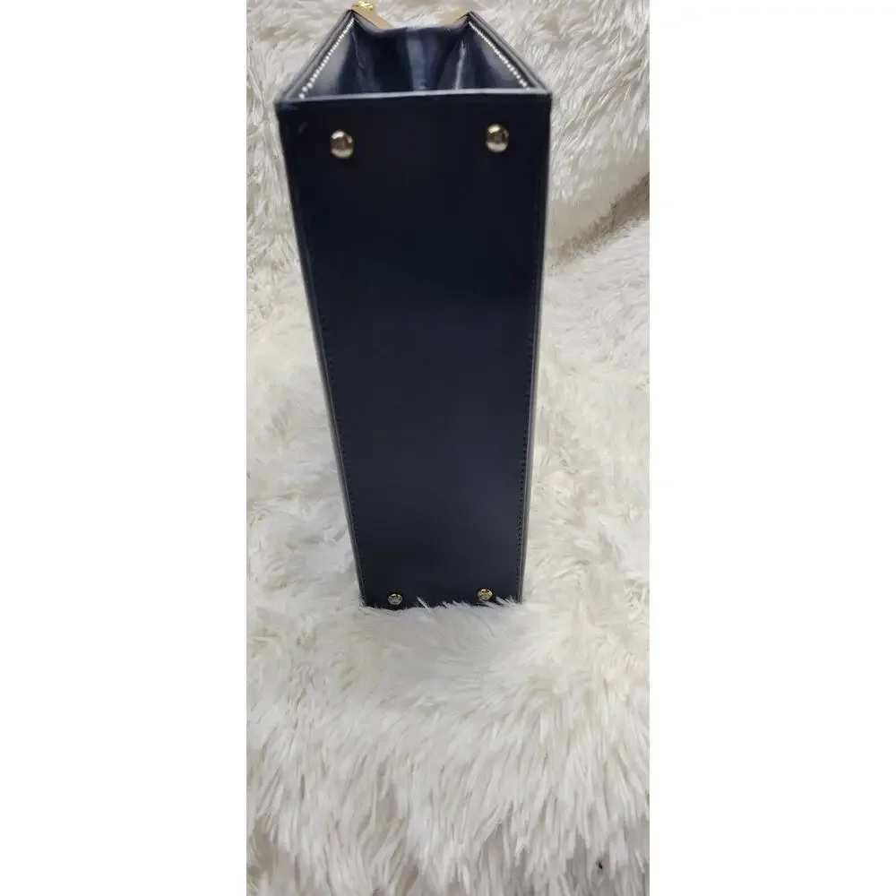 Vintage 1960's Dark Navy Gold Accent Leather Womens Lined Snap Closure Handbag - Picture 10 of 11